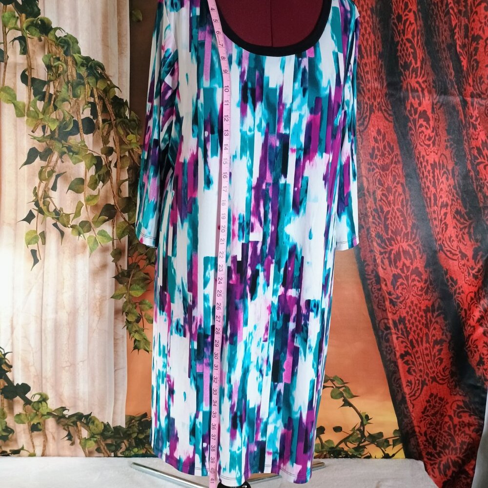 NWT Calvin Klein 2X Purple, Teal & White Abstract Print 3/4 Sleeve Sheath Dress - Picture 5 of 6